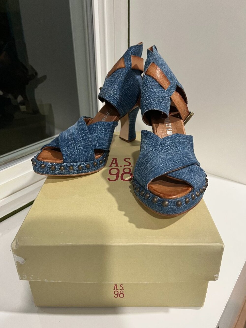 A.S.98 Denim and Leather Sandals with Studded Details 37 Fits Large